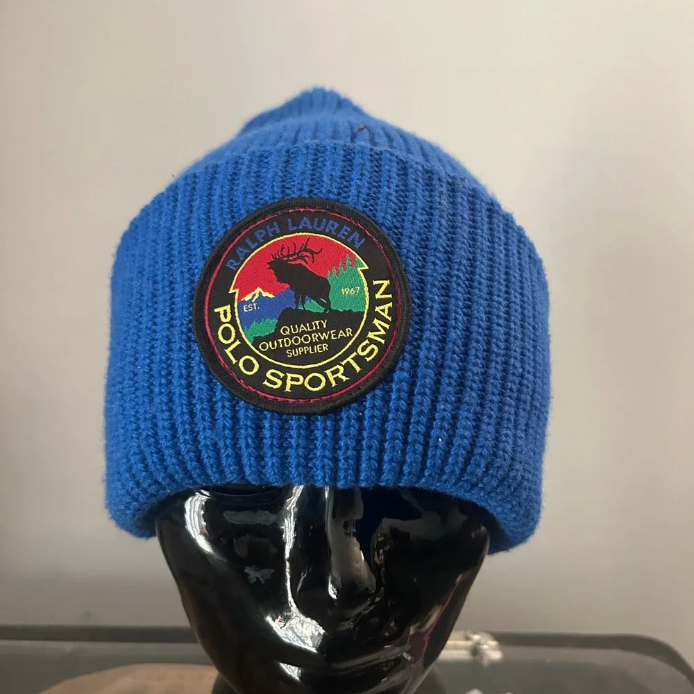 Polo Ralph Lauren Beanie Mens OS Blue Sportsman Elk Patch Ribbed Knit Watch Cap
